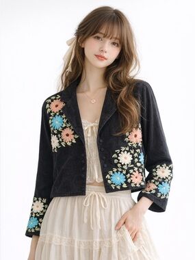 Persaman Micro Corduroy Floral Black Jacket 2 Romantic Cottagecore Indie Folk